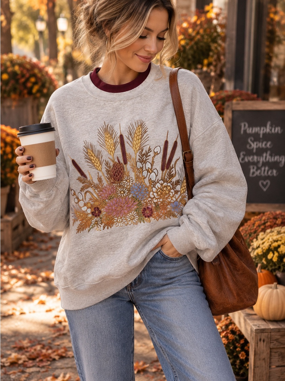Women's Retro Cream Floral Harvest Crewneck Sweatshirt